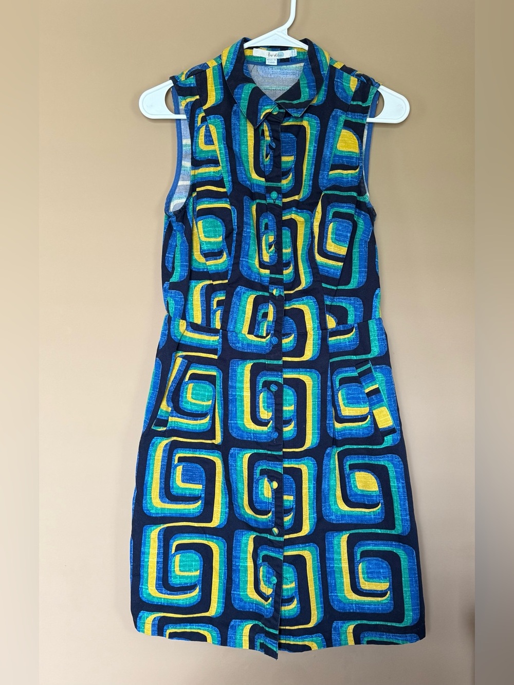 Boden Sleeveless Button-Front Dress in Blue, Yellow, Green